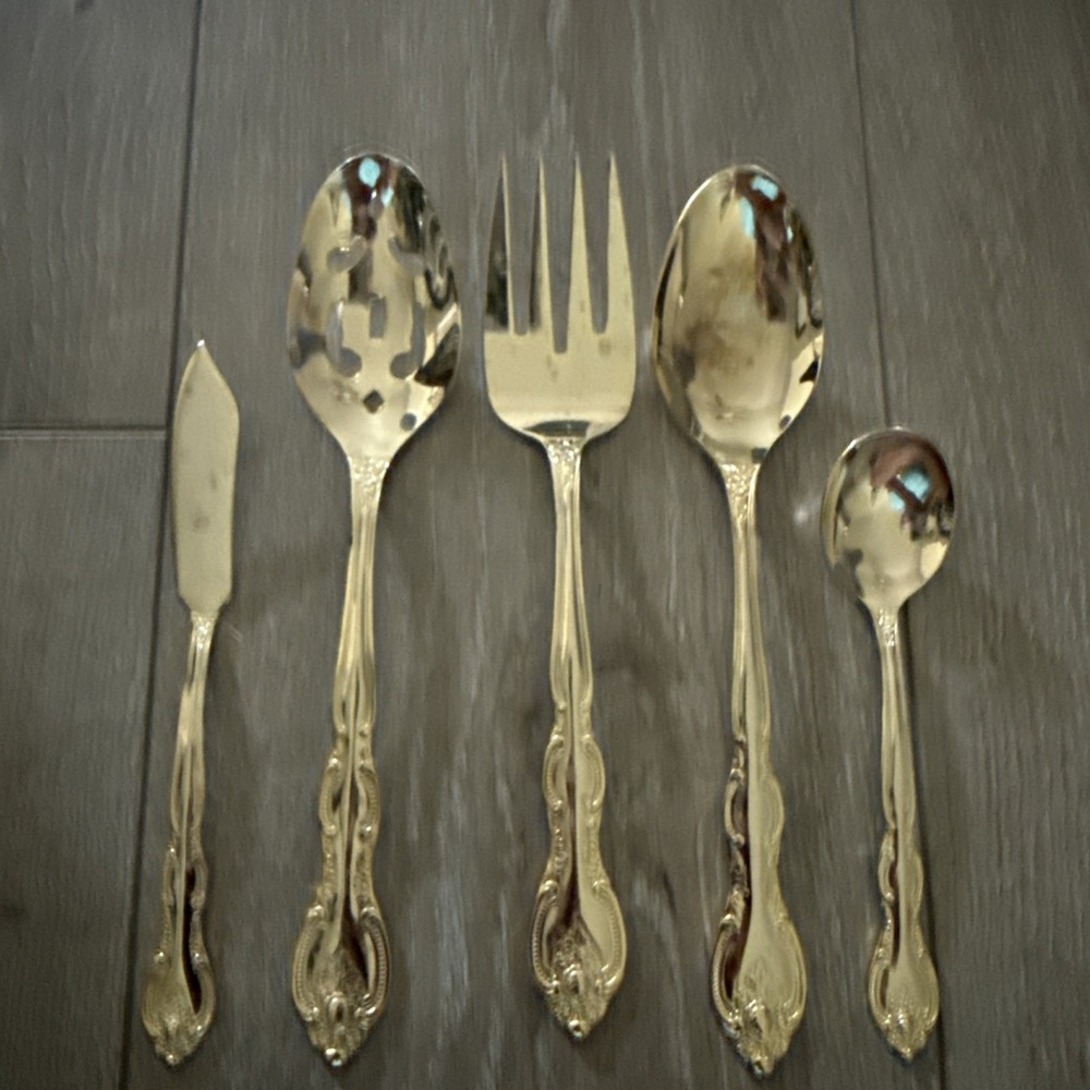 Set 5 International San Marcos Gold‎ Plate Serving Pieces Slotted Spoon Butter